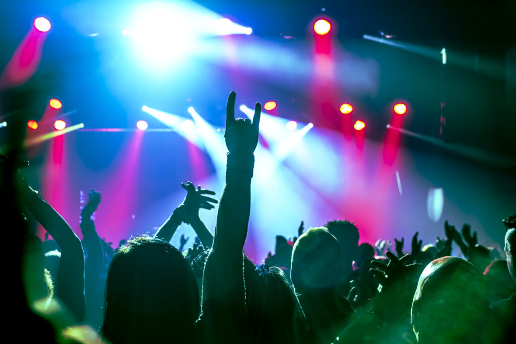 cheering crowd in front of stage lights at a rock concert